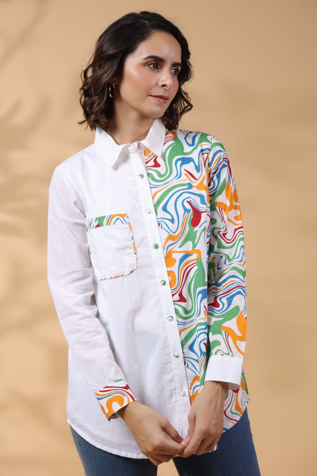 White Cotton Top With Colorful Design