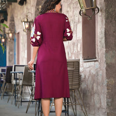 Maroon hand Work Midi Dress