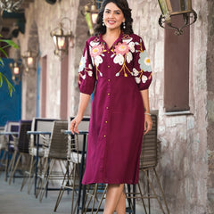 Maroon hand Work Midi Dress