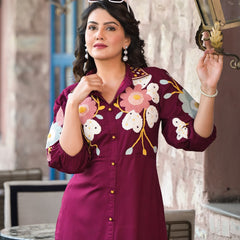 Maroon hand Work Midi Dress