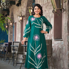 Cotton Green Hand Work Midi Dress