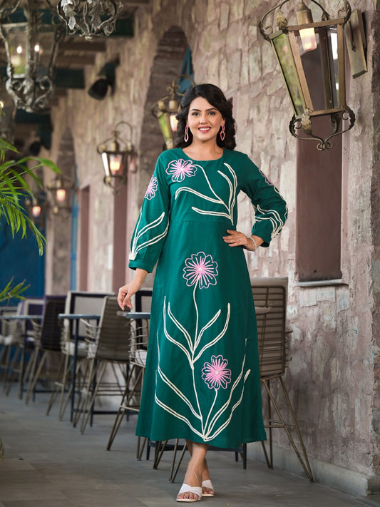 Cotton Green Hand Work Midi Dress