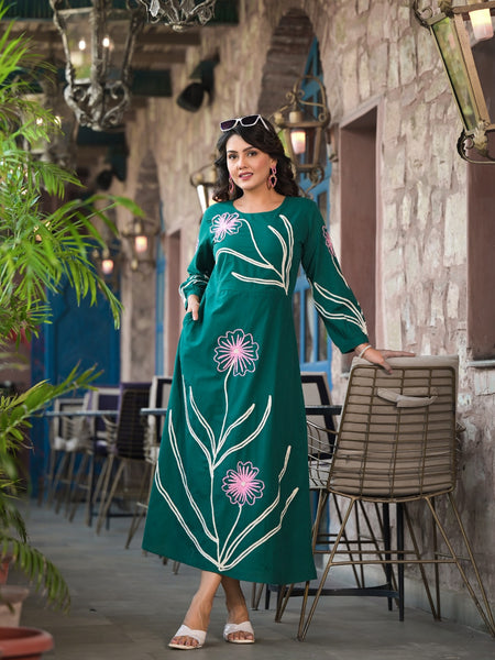 Cotton Green Hand Work Midi Dress