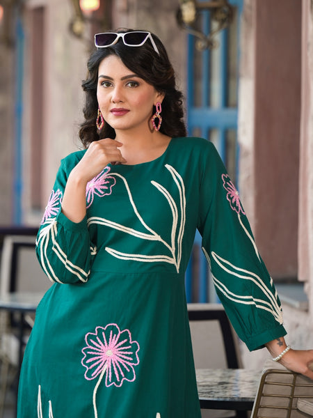 Cotton Green Hand Work Midi Dress