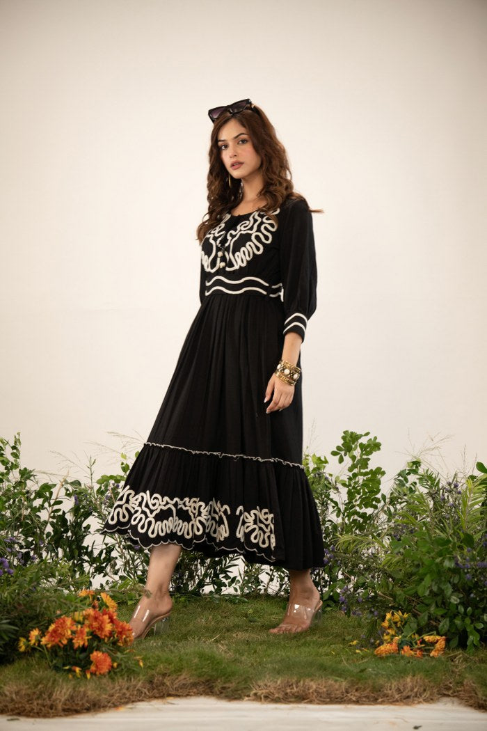 Designer Black Cotton Embroidery Maxi Dresses