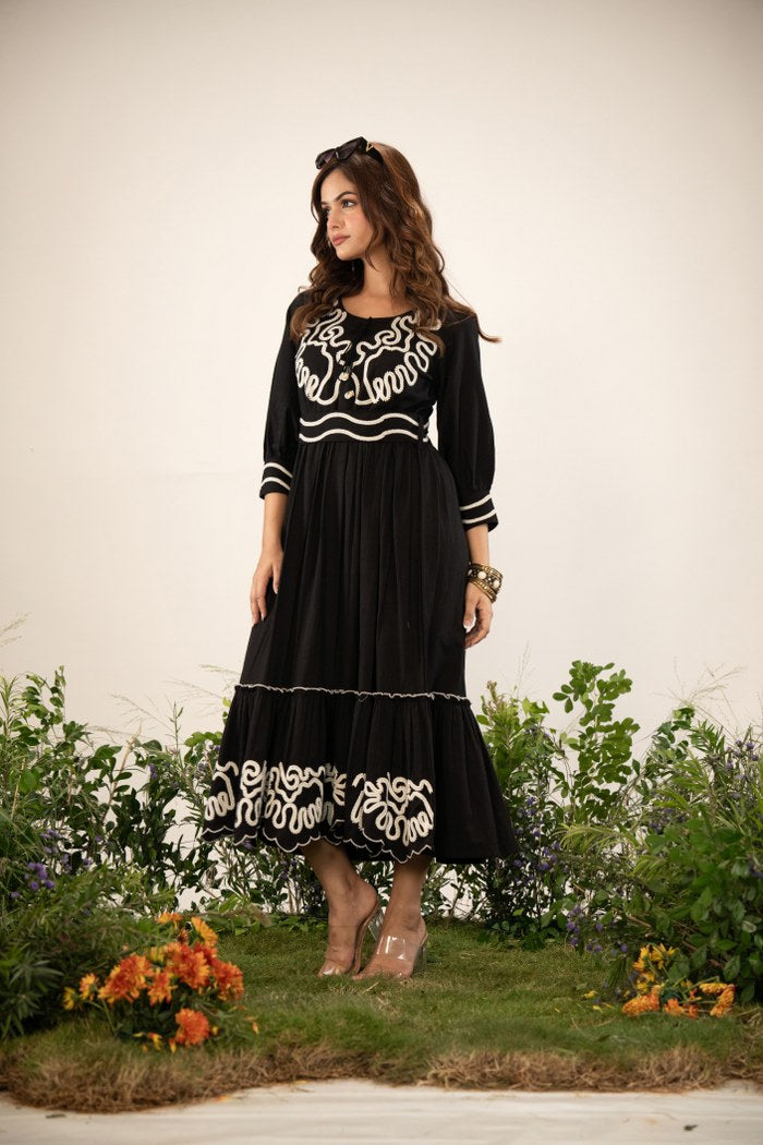 Designer Black Cotton Embroidery Maxi Dresses