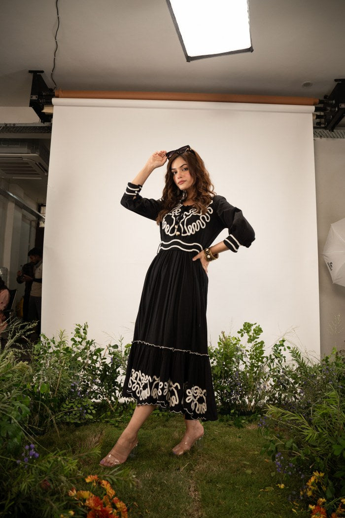 Designer Black Cotton Embroidery Maxi Dresses