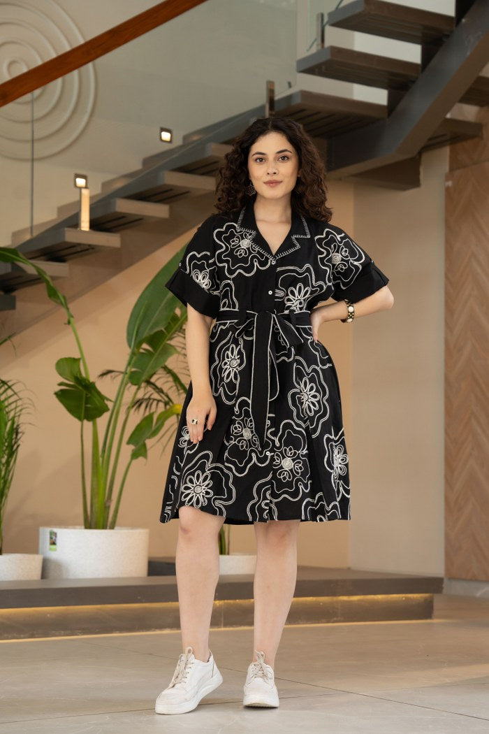 Elegant Black Embroidered Midi Dress with Belt