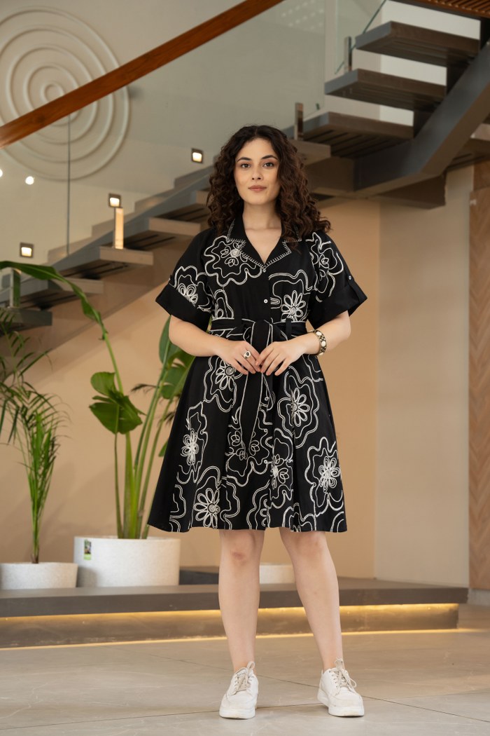 Elegant Black Embroidered Midi Dress with Belt