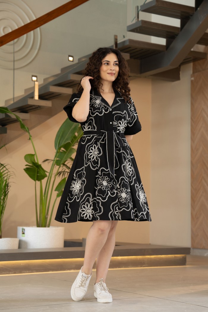 Elegant Black Embroidered Midi Dress with Belt