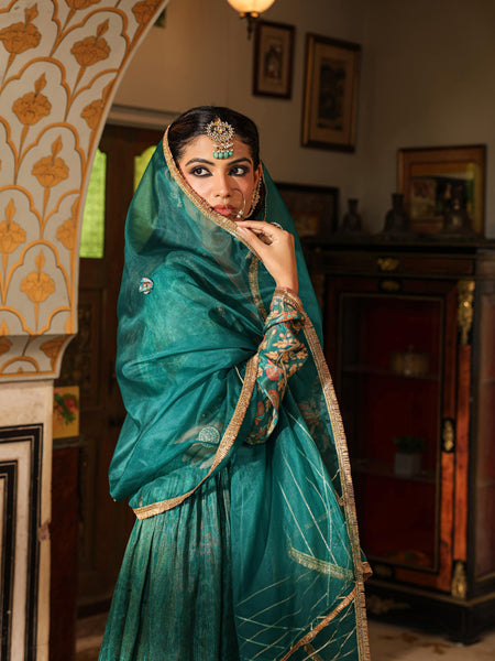 Green Printed Muslin Cotton Anarkali Gown With Dupatta