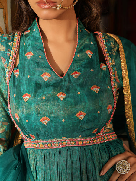 Green Printed Muslin Cotton Anarkali Gown With Dupatta