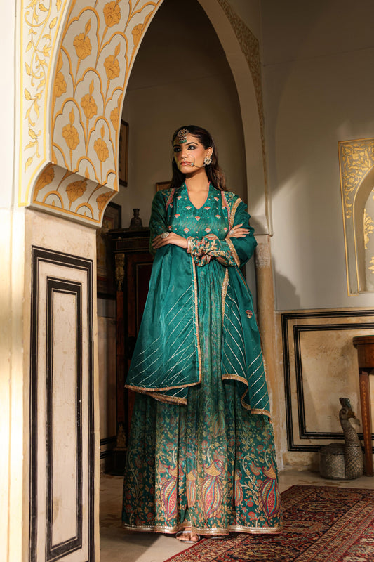 Green Printed Muslin Cotton Anarkali Gown With Dupatta