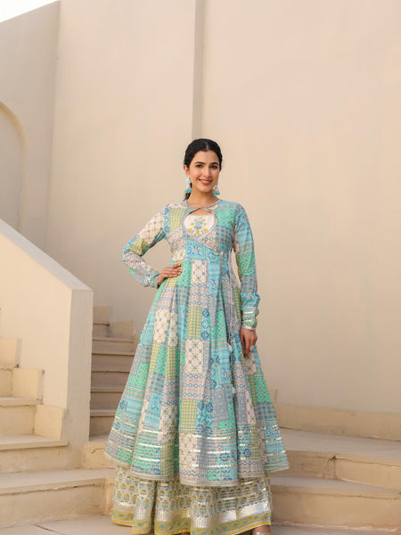 Sea Green Printed Angrakha Suit Set