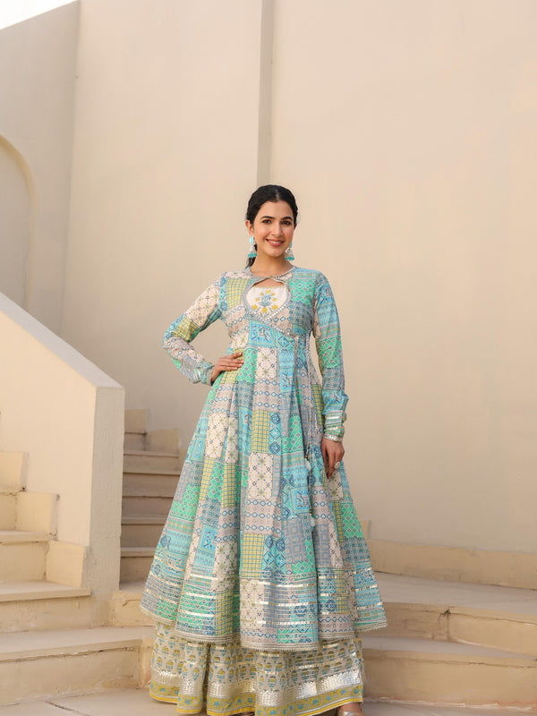 Sea Green Printed Angrakha Suit Set