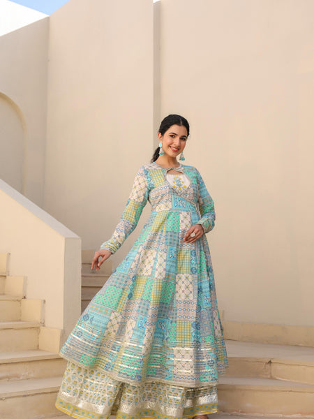 Sea Green Printed Angrakha Suit Set