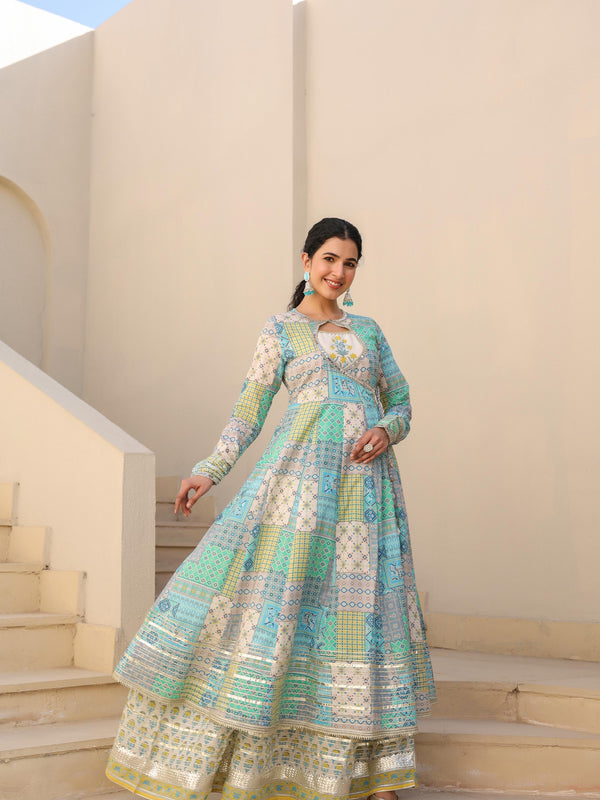 Sea Green Printed Angrakha Suit Set