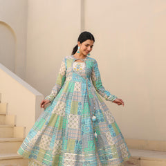 Sea Green Printed Angrakha Suit Set