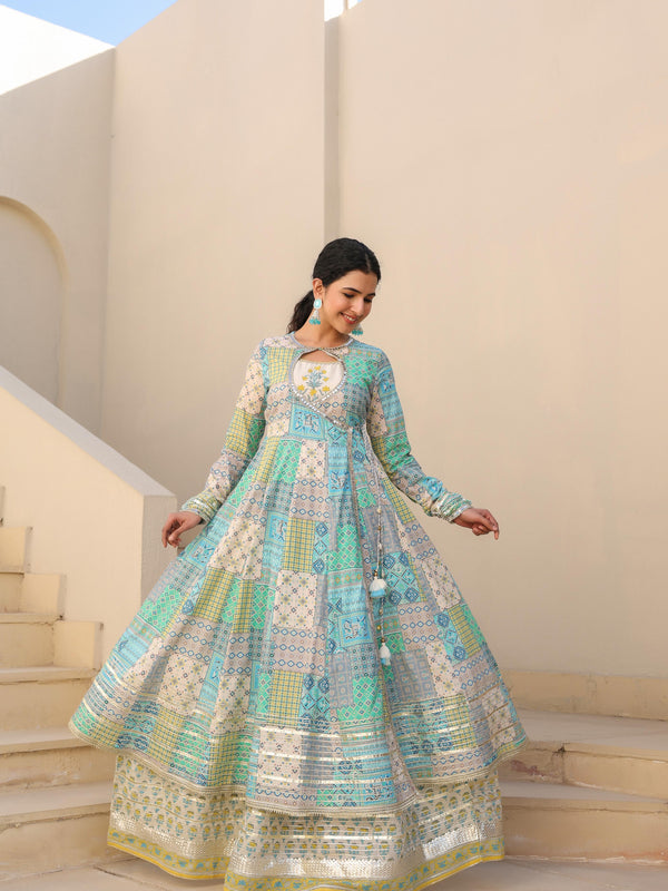 Sea Green Printed Angrakha Suit Set