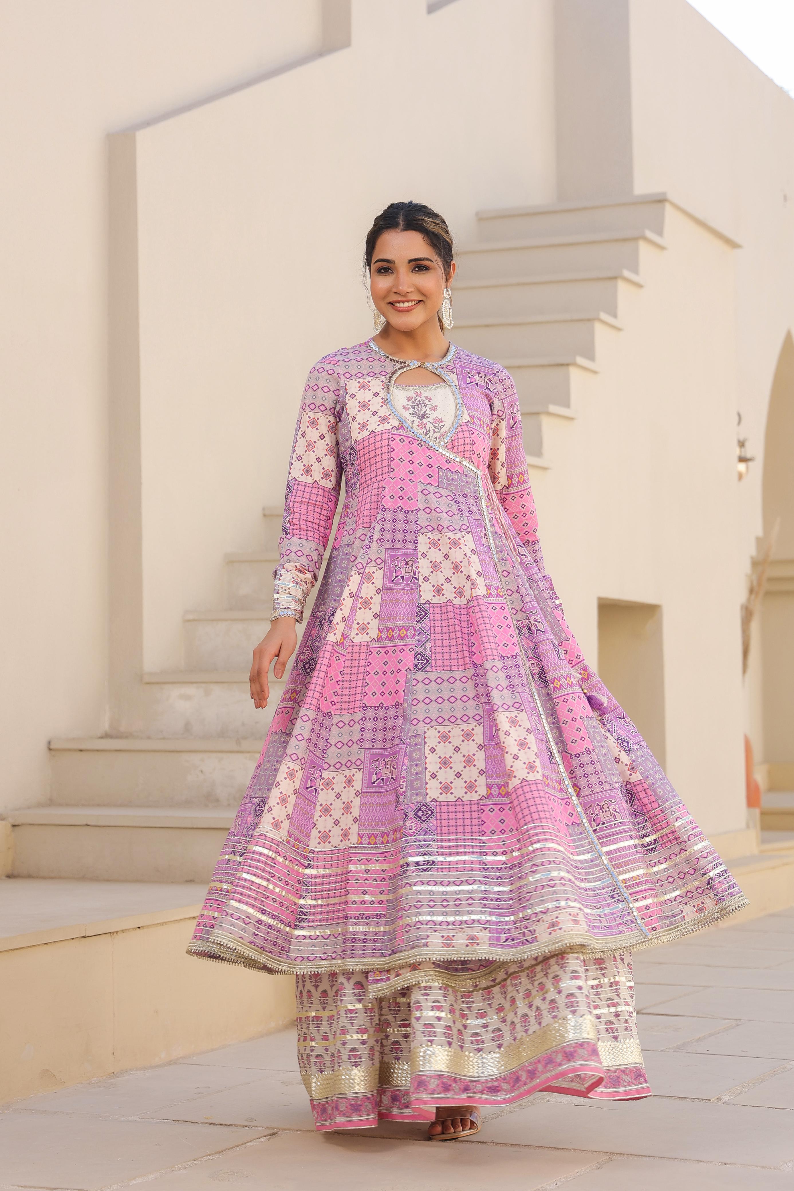 Printed Pink Angrakha Suit Set