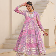 Printed Pink Angrakha Suit Set