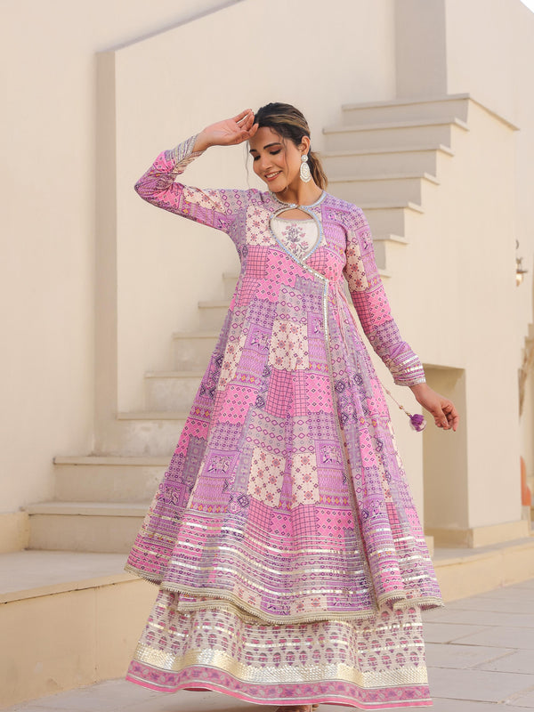 Printed Pink Angrakha Suit Set
