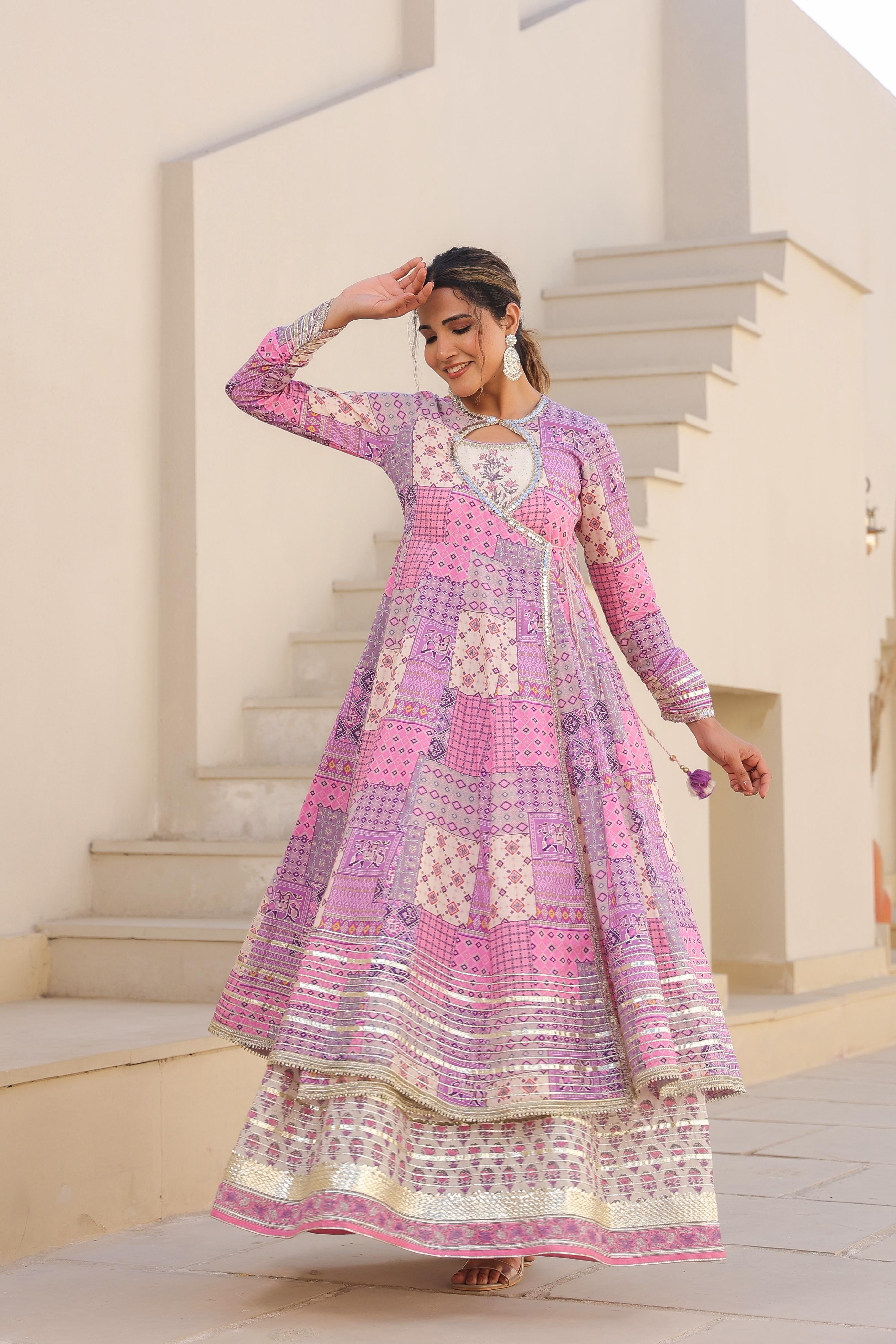 Printed Pink Angrakha Suit Set