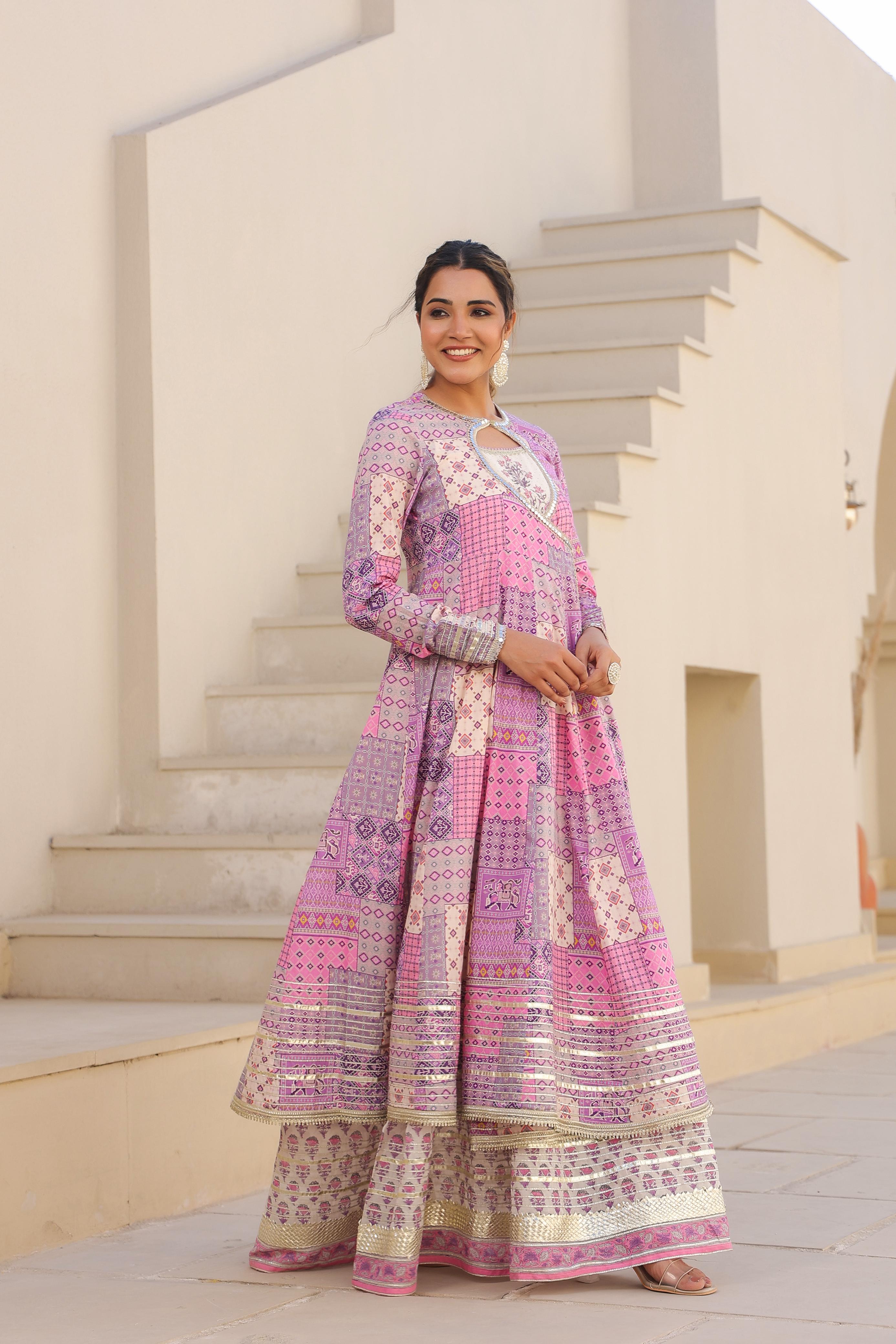Printed Pink Angrakha Suit Set