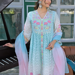 Light Blue Floral Embroidered Anarkali Suit Set