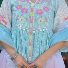 Light Blue Floral Embroidered Anarkali Suit Set