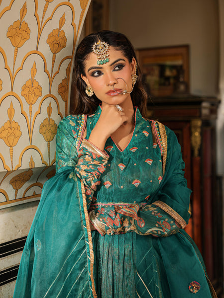 Green Printed Muslin Cotton Anarkali Gown With Dupatta
