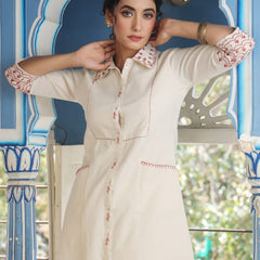 Brown Embroidered Beige Cotton Co-ord Set