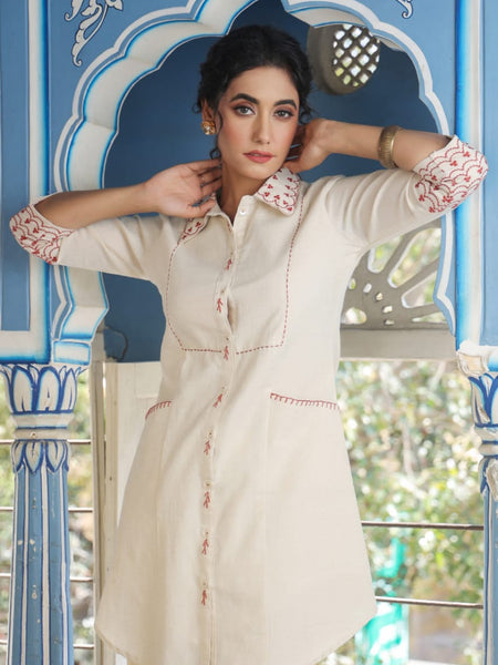 Brown Embroidered Beige Cotton Co-ord Set