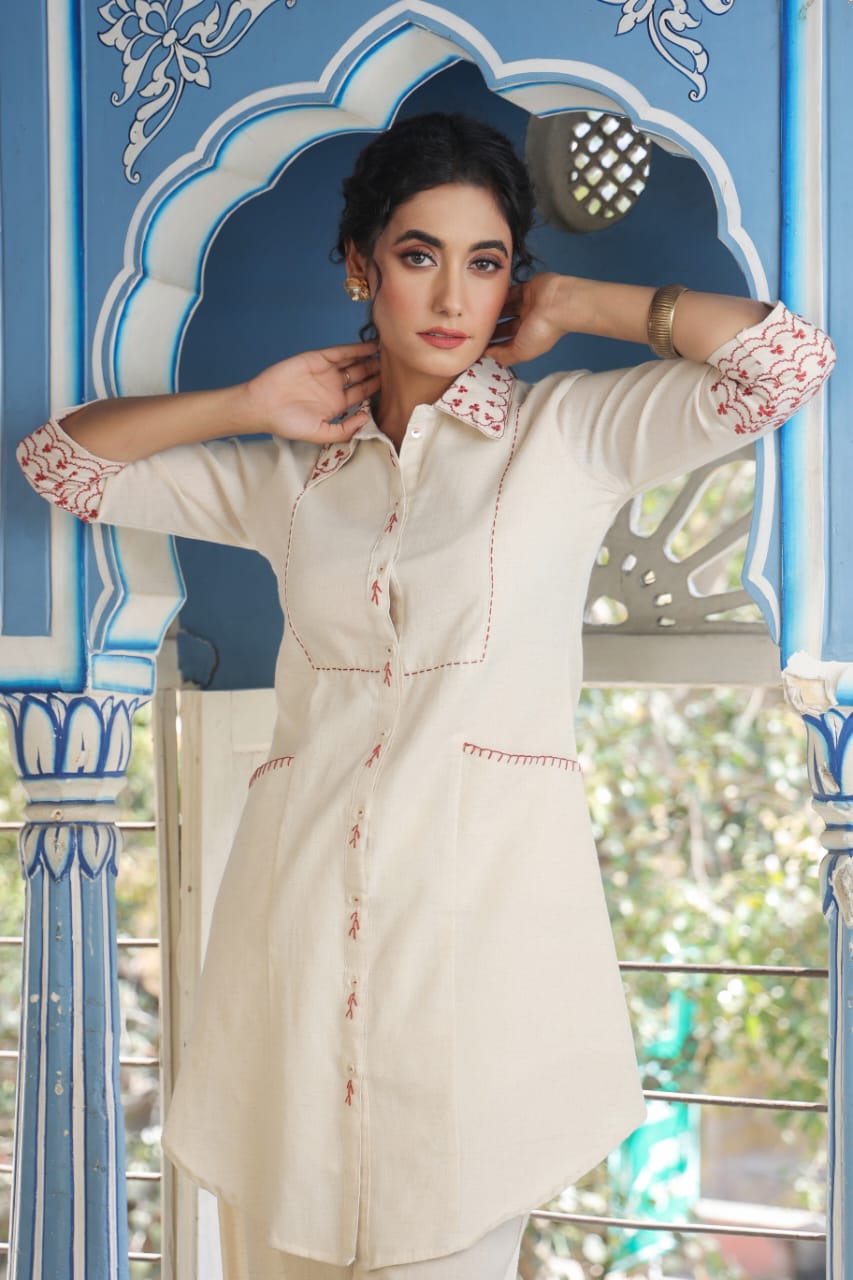 Brown Embroidered Beige Cotton Co-ord Set