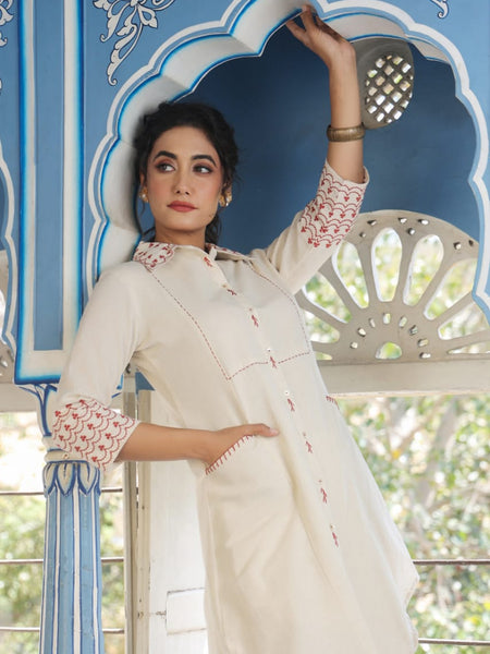 Brown Embroidered Beige Cotton Co-ord Set