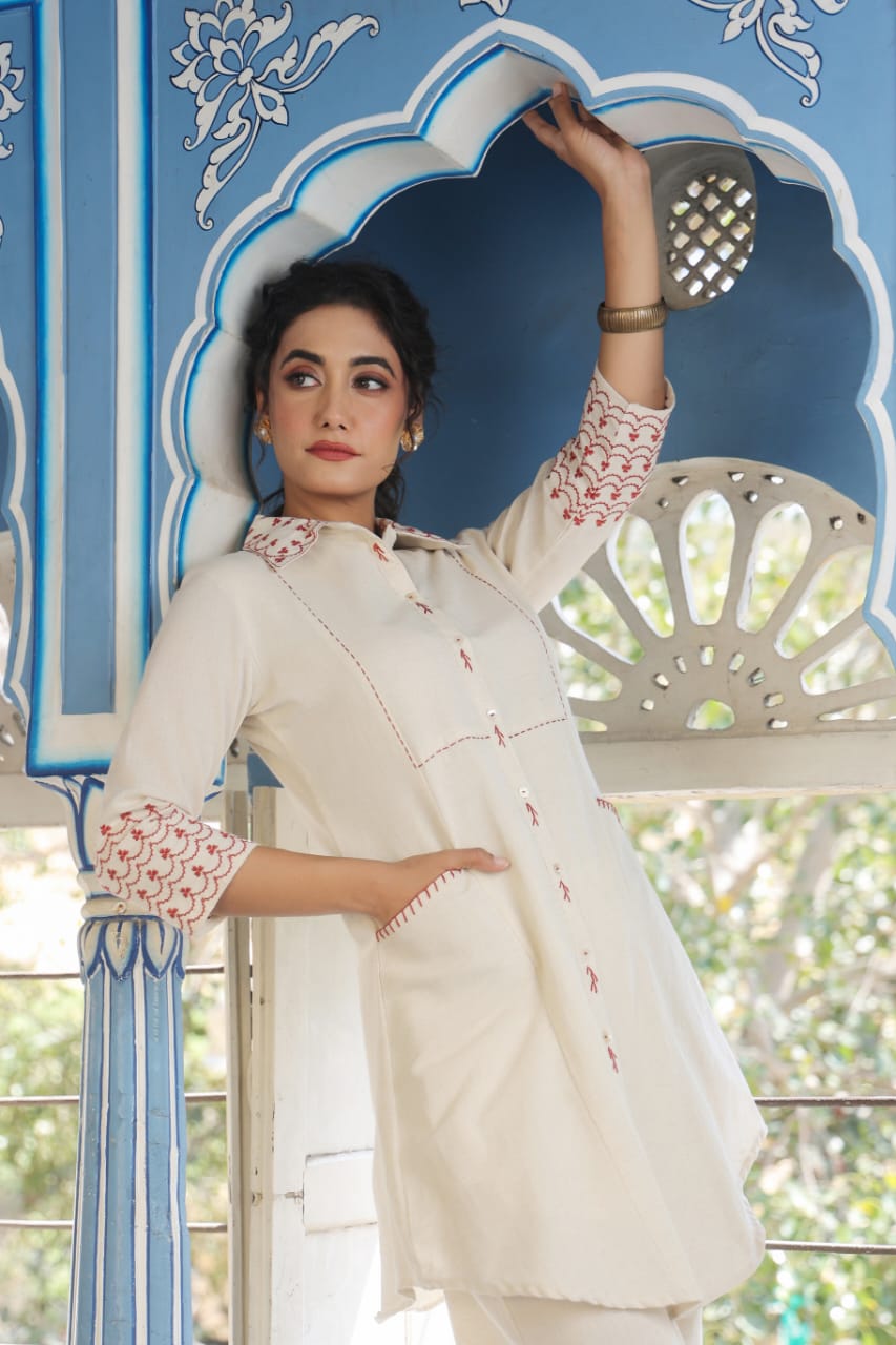 Brown Embroidered Beige Cotton Co-ord Set