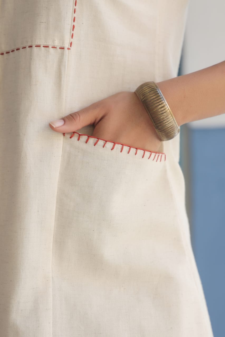 Brown Embroidered Beige Cotton Co-ord Set