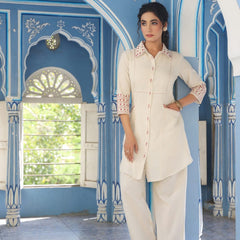 Brown Embroidered Beige Cotton Co-ord Set