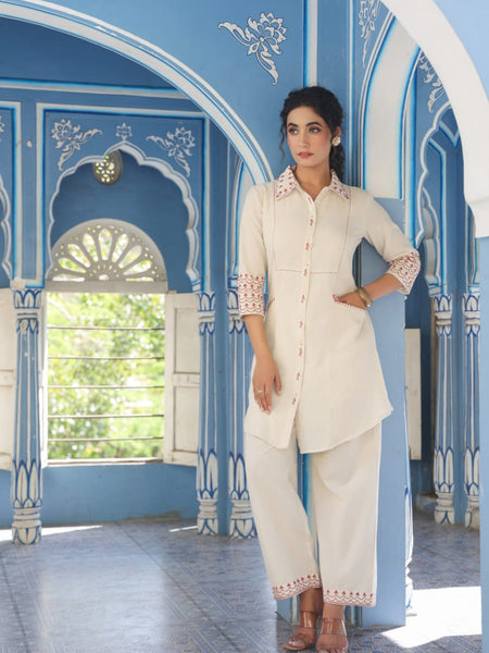 Brown Embroidered Beige Cotton Co-ord Set
