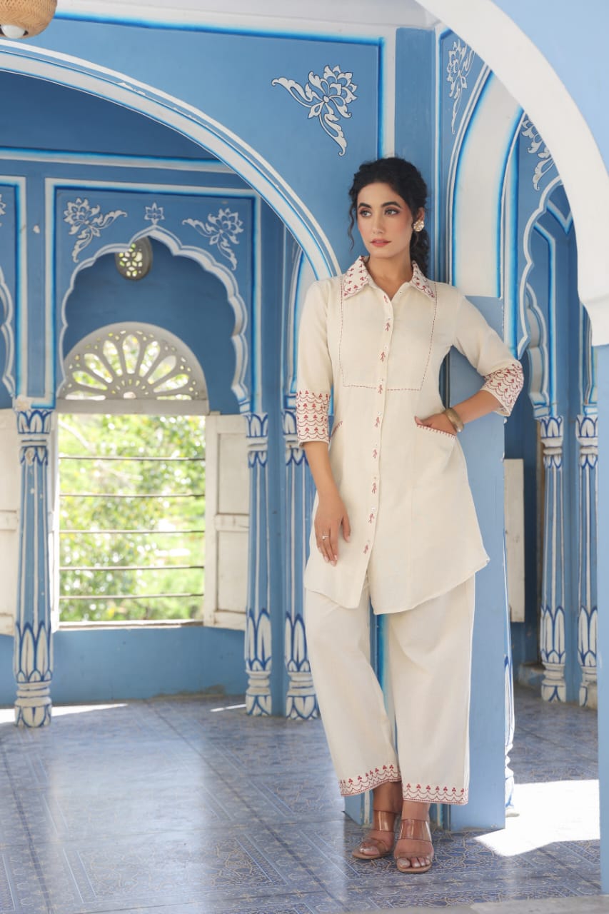 Brown Embroidered Beige Cotton Co-ord Set