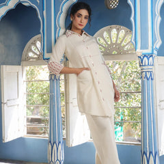 Brown Embroidered Beige Cotton Co-ord Set