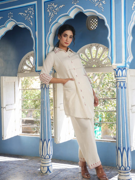 Brown Embroidered Beige Cotton Co-ord Set