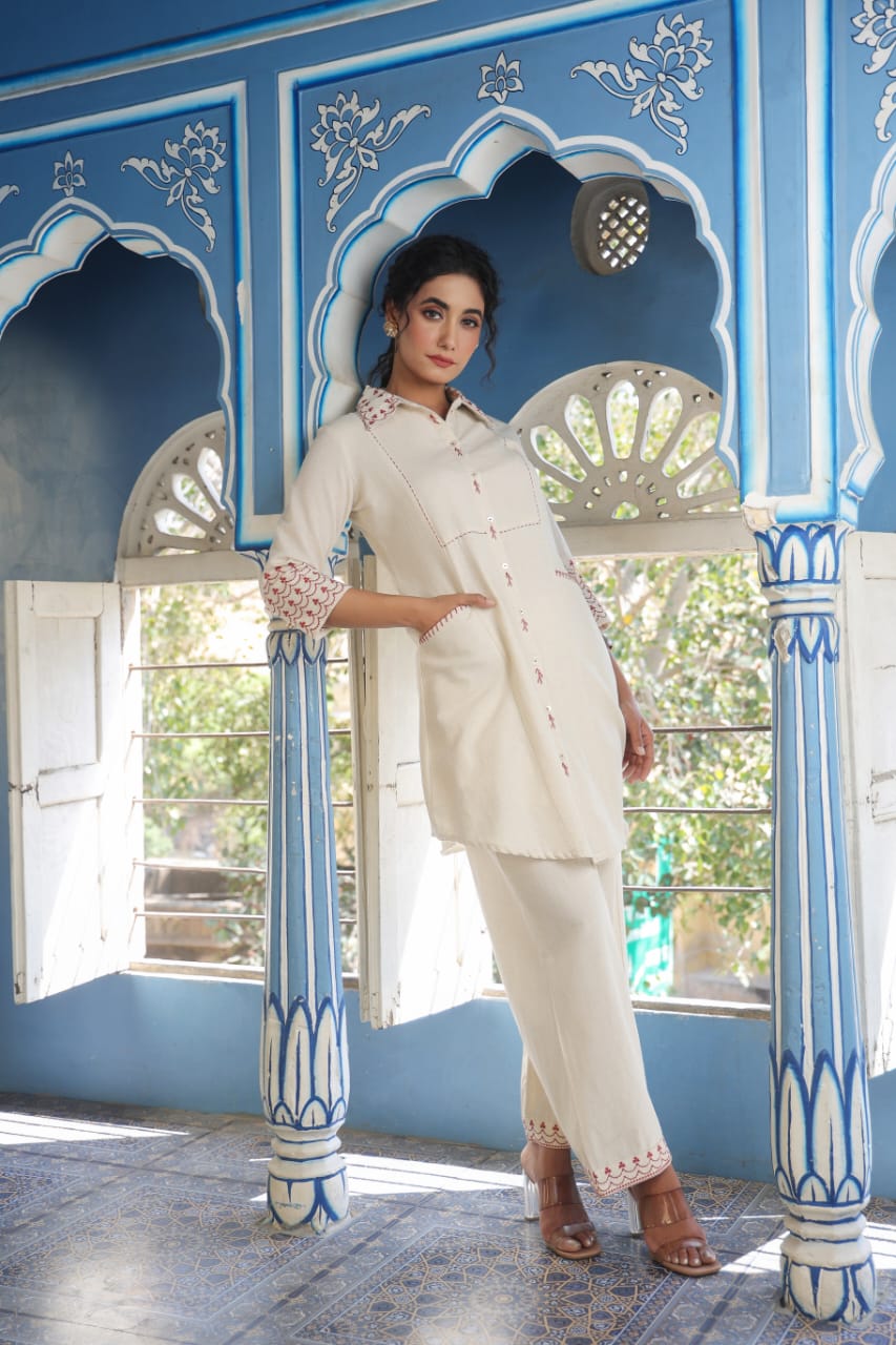 Brown Embroidered Beige Cotton Co-ord Set