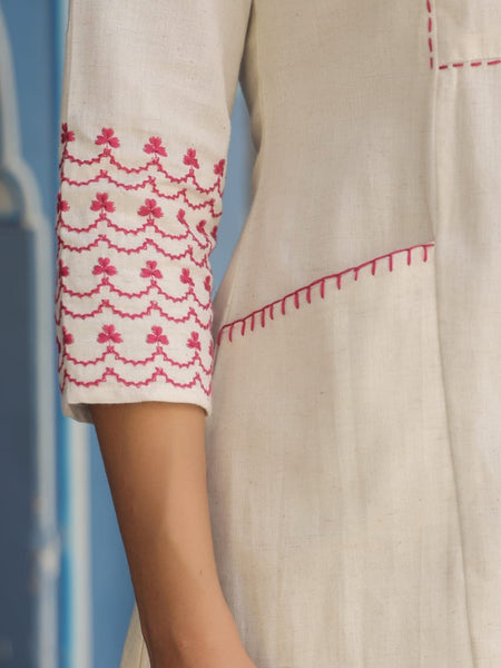Maroon Embroidered Beige Cotton Co-ord Set