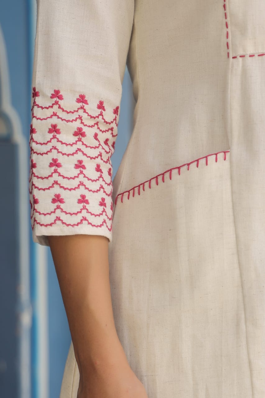 Maroon Embroidered Beige Cotton Co-ord Set