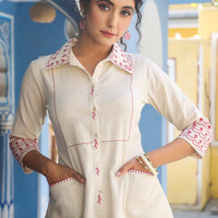 Maroon Embroidered Beige Cotton Co-ord Set