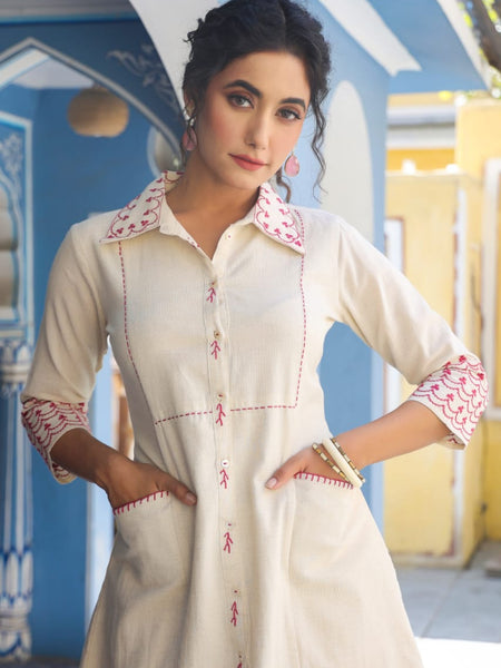 Maroon Embroidered Beige Cotton Co-ord Set