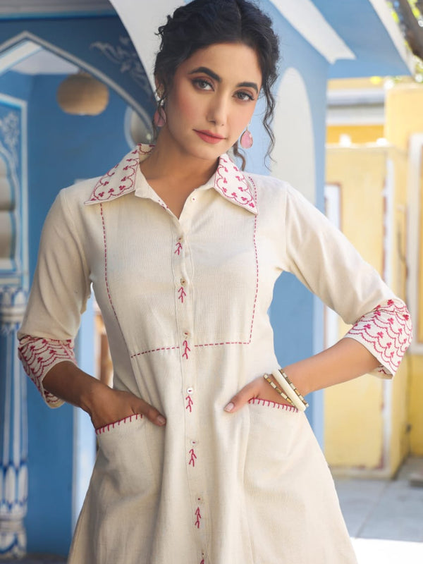 Maroon Embroidered Beige Cotton Co-ord Set