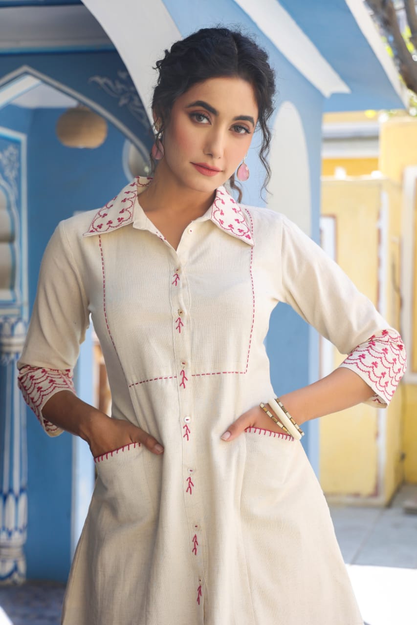 Maroon Embroidered Beige Cotton Co-ord Set