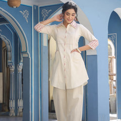 Maroon Embroidered Beige Cotton Co-ord Set